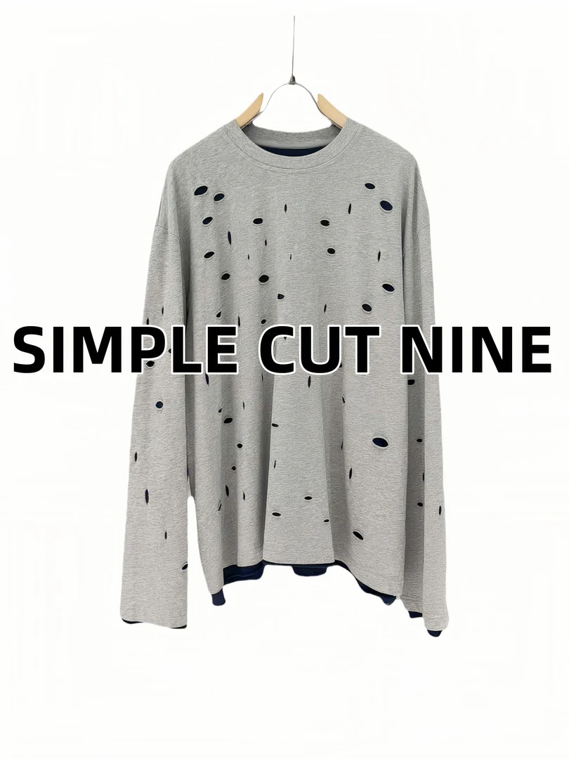 潮流破洞假两件长袖宽松T恤秋冬男士秋季灰色时尚休闲圆领上衣男