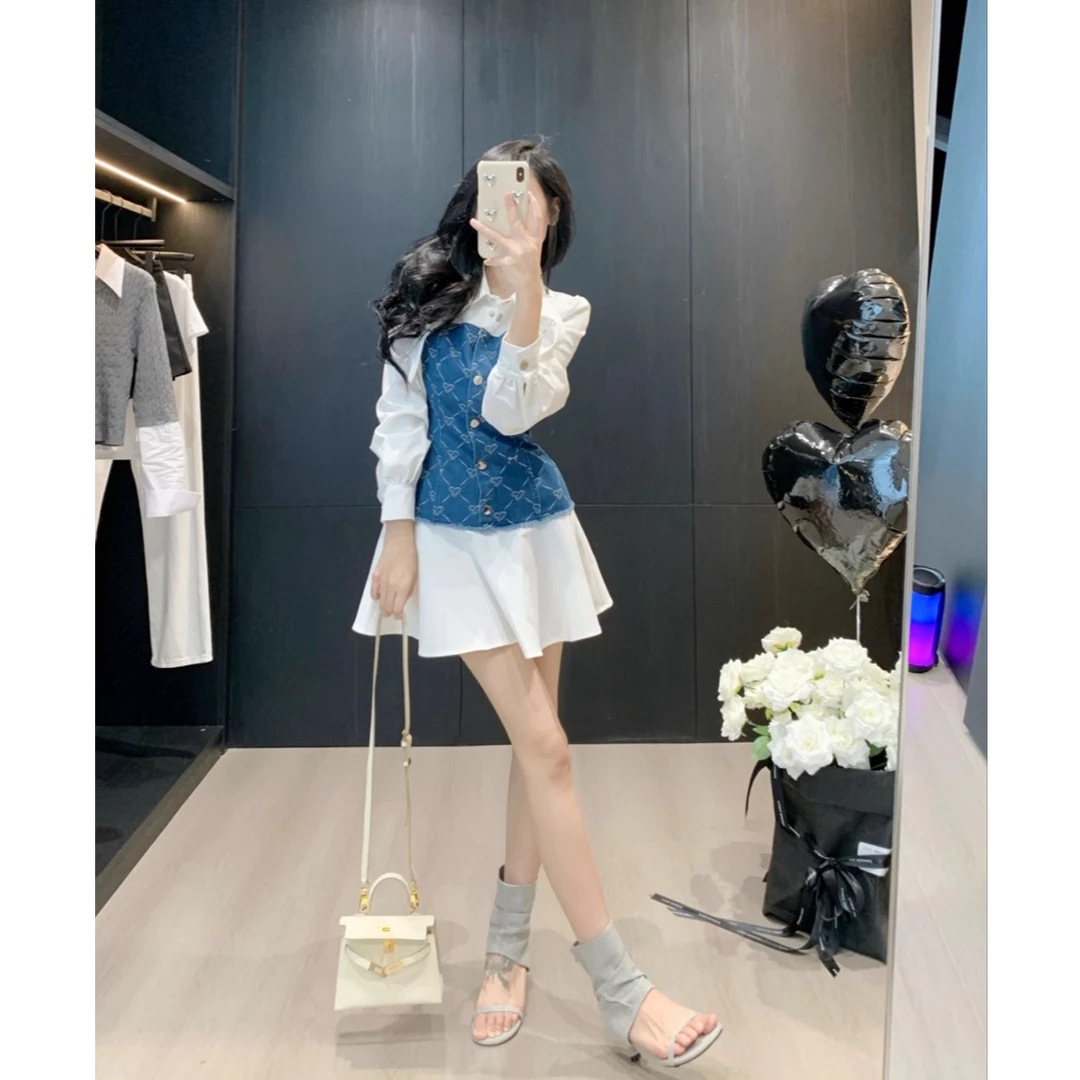 Leathercat超好看连衣裙女2025春秋新款气质收腰显瘦牛仔衬衫短裙