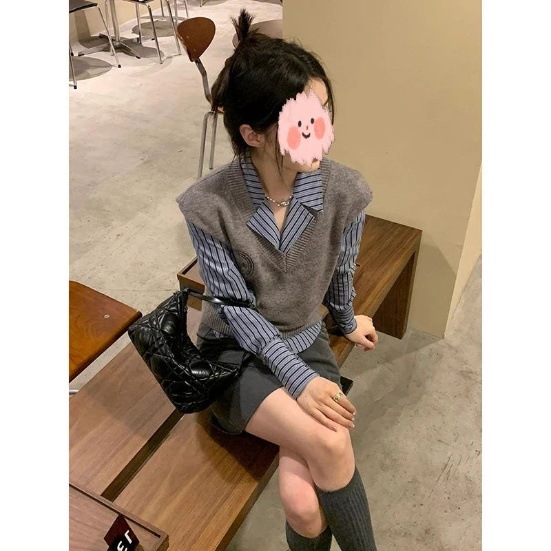 2025春秋法式条纹衬衫女设计感小众别致修身冬季洋气衬衣马甲