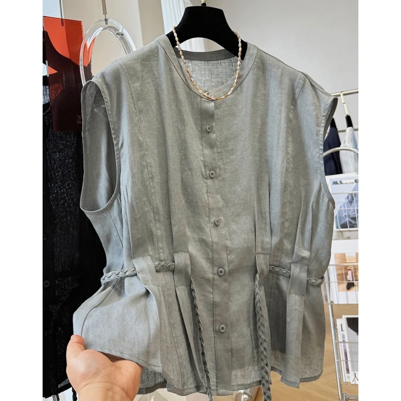 高级感亚麻独特漂亮系带无袖上衣女夏季圆领马甲背心外穿气质小衫
