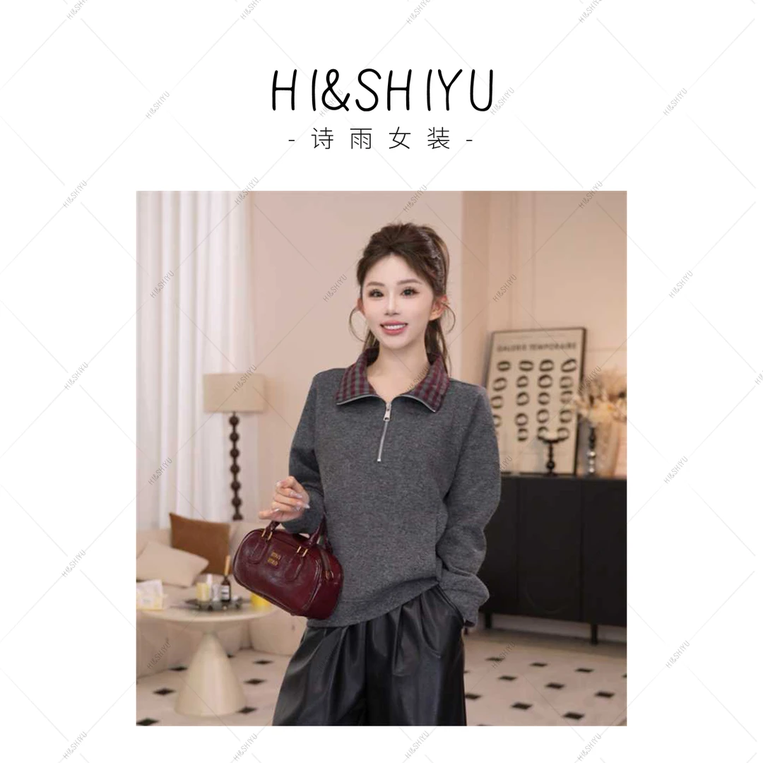 HISHIYU【松弛满分】2025秋装新款撞色格子领上衣YSA4325