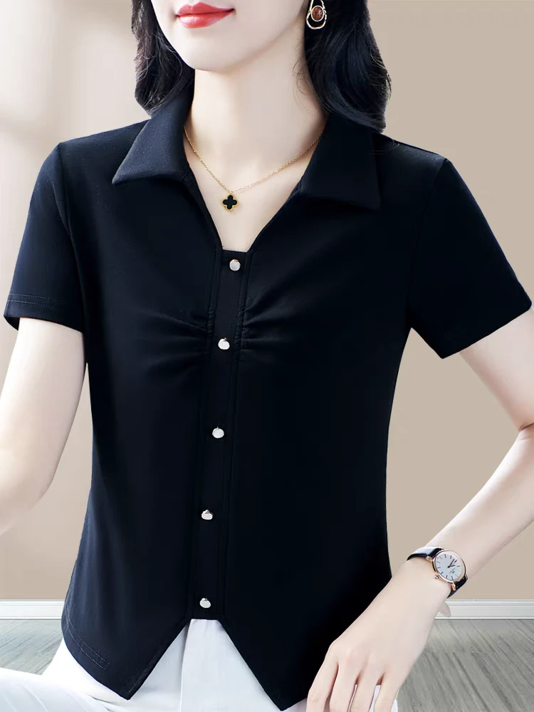 （有大码）显瘦遮肚子时尚打底上衣欧若风花海拍照短袖T气质翻领