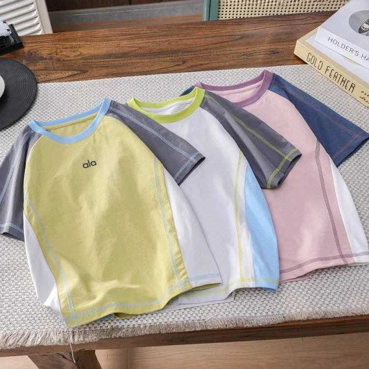 夏季男女童新款短袖t恤撞色休闲运动短袖中大童儿童圆领衫拼接款