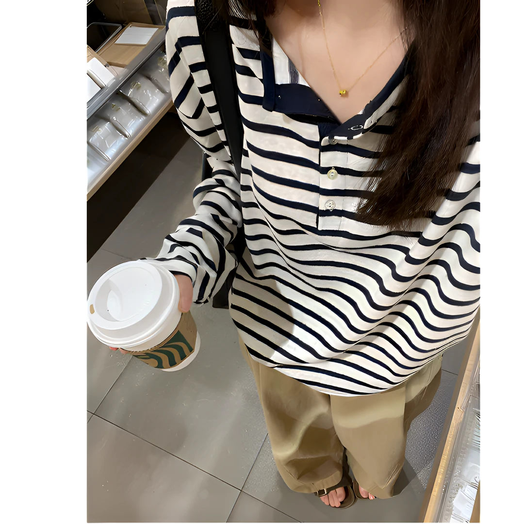 2025韩版松弛条纹T恤宽松女慵懒风长袖打底衫百搭时尚潮流上衣