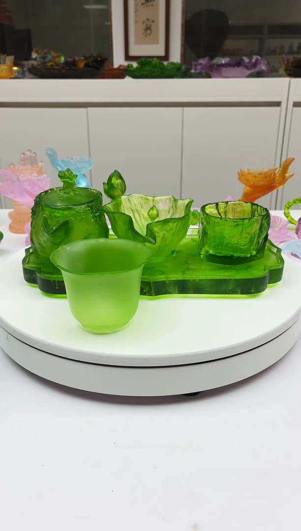 琉璃安*宏绿色如意干泡台+荷叶公道杯+手抓壶+石头纹杯子+莲芯杯