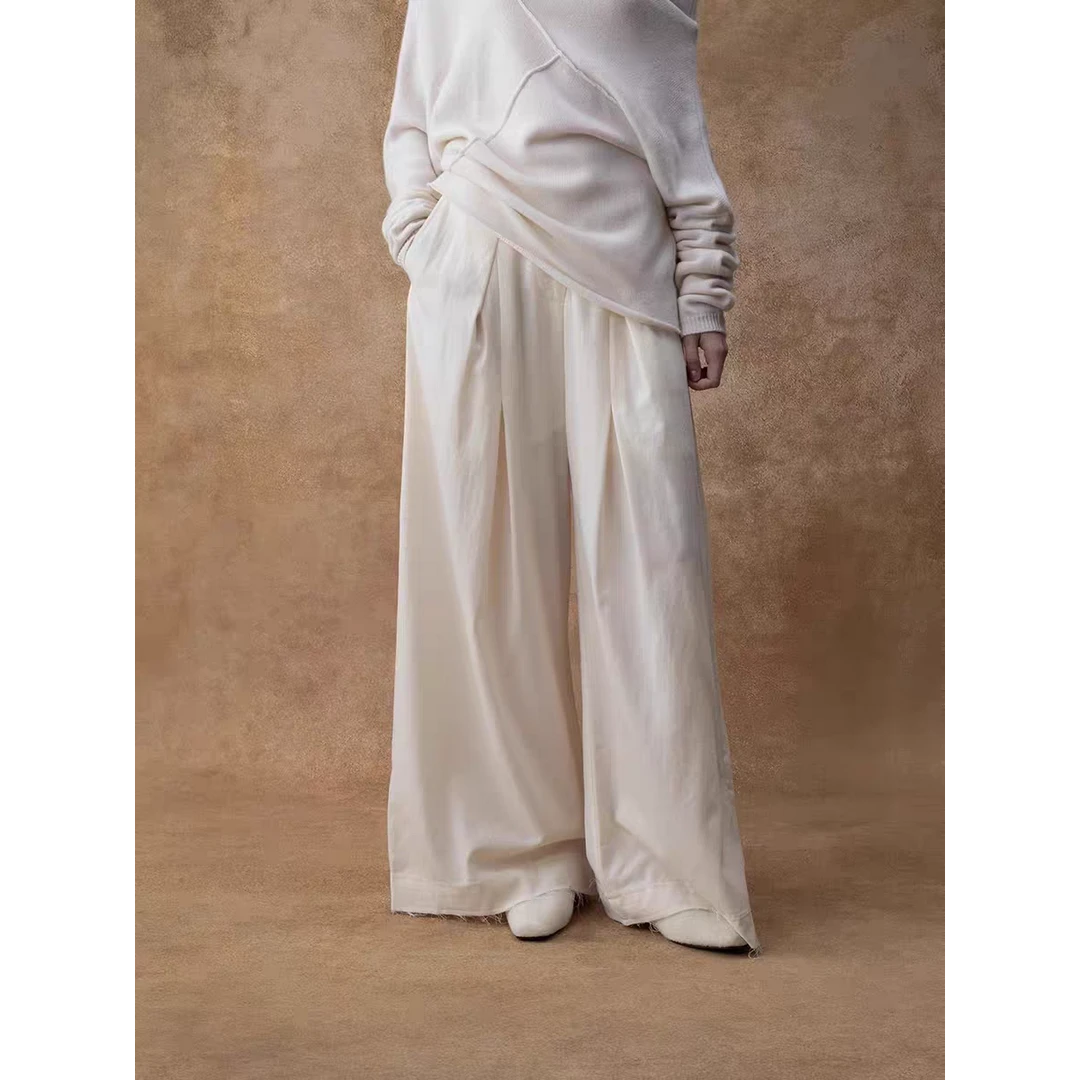 ELYWOOD 壹黎雾白色斜向叠褶长裤