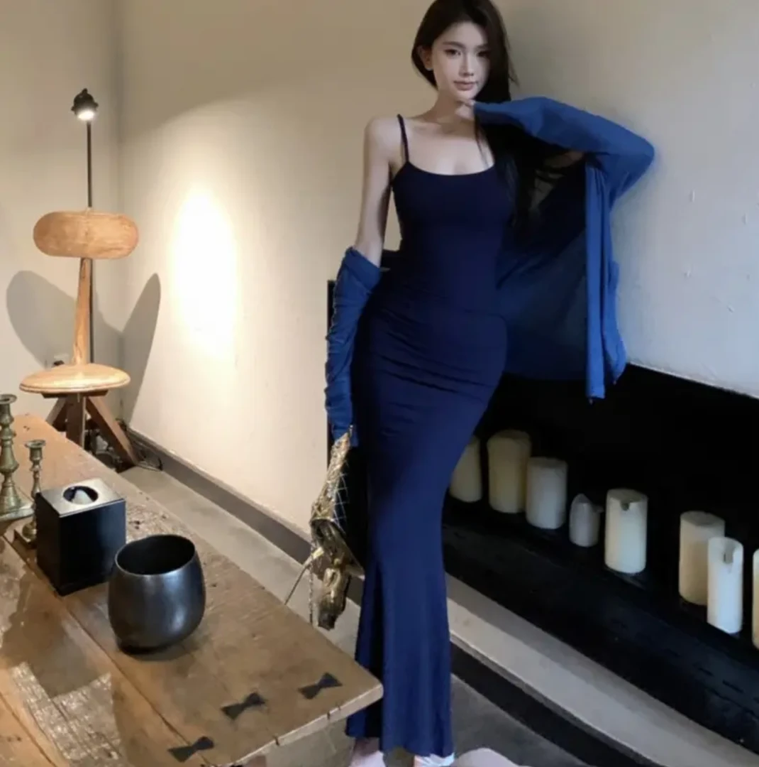 2025夏季新款吊带连衣裙辣妹收腰修身显瘦性感气质长款包臀长裙
