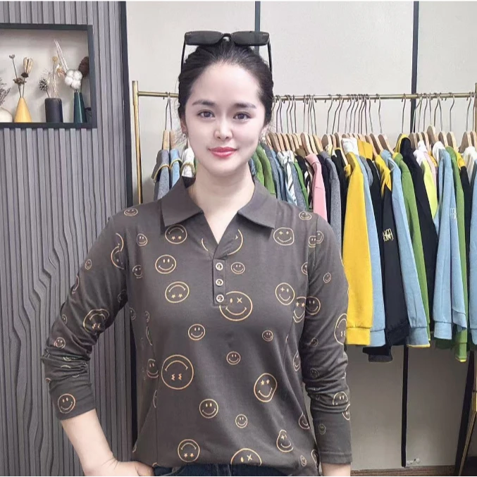 印花翻领防静电宽松型长袖T恤ol网红妈妈装2025