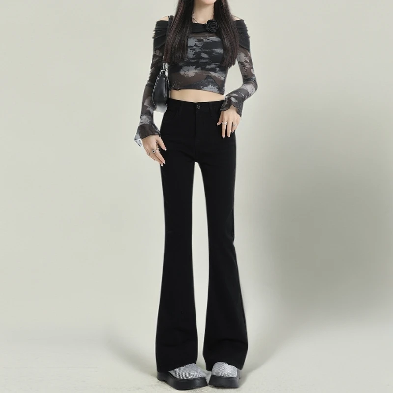 大码黑色微喇牛仔裤女早春新款胖mm高腰遮胯梨形身材弹力喇叭裤