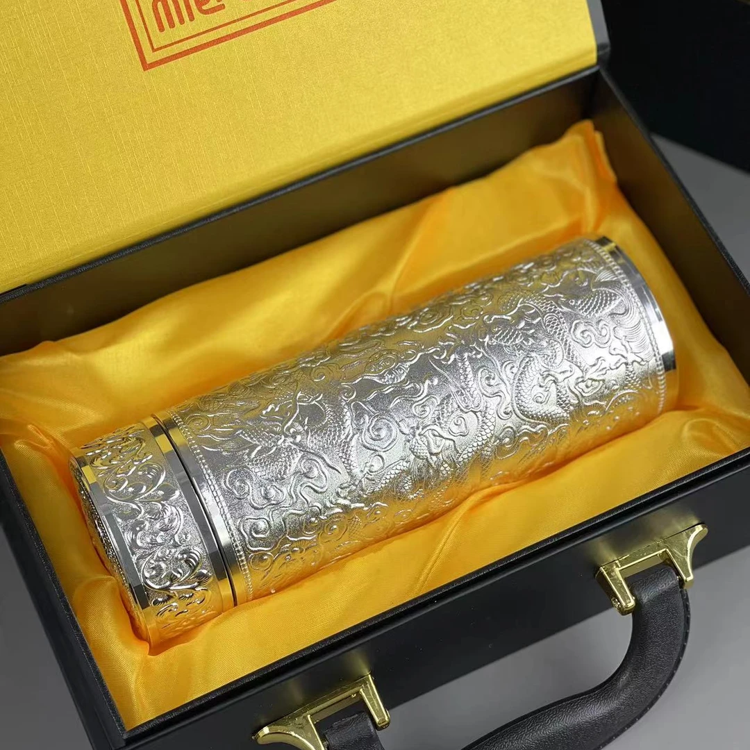 高档经典时尚水杯 九龙抱珠足银内胆水杯 创意送礼（赠礼盒）