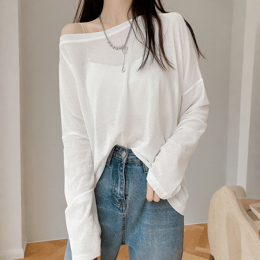 纯色微透长袖t恤防晒罩衫女夏季新款冰丝宽松打底薄款空调衫上衣