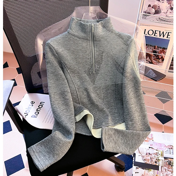 新款冬季立领德绒拉链长袖打底卫衣加厚设计感小众假两件上衣