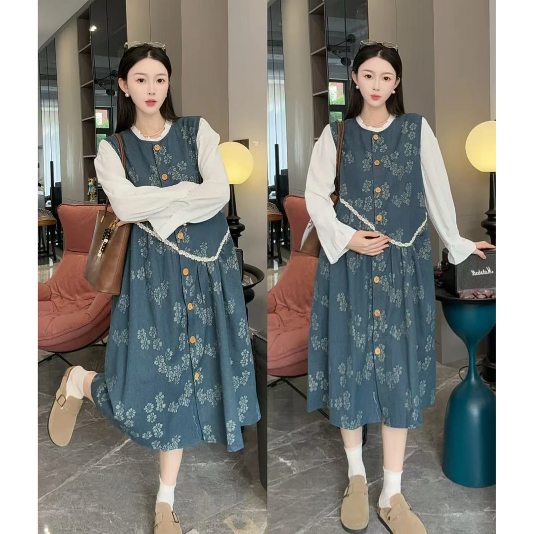 秋季孕妇潮款复古减龄一整套牛仔背心连衣裙搭配打底长袖衬衣套装