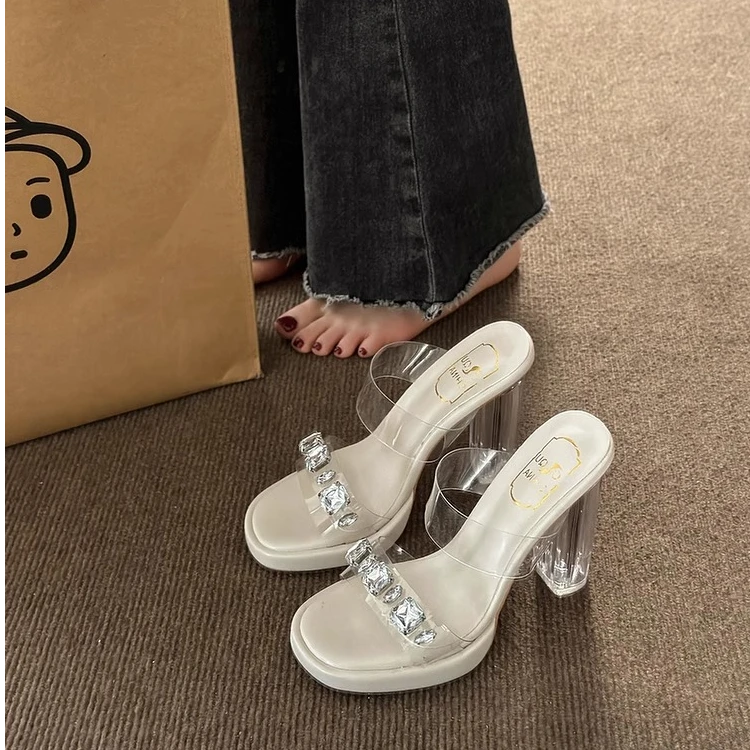 高跟凉鞋女夏季2025新款外穿透明水钻厚底仙女风性感水晶粗跟凉拖