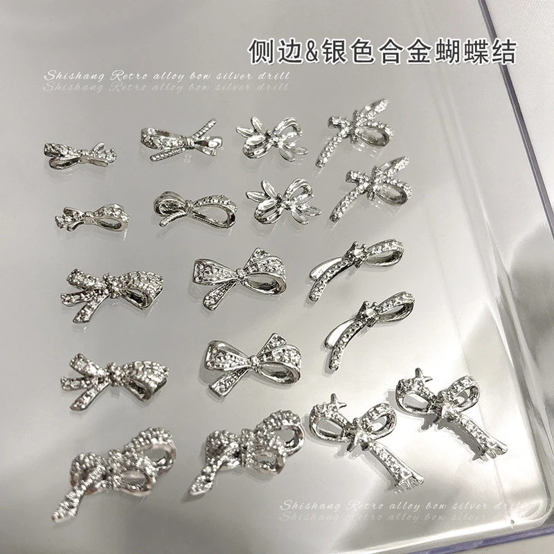 美甲侧边蝴蝶结饰品银色立体飘带领结穿戴甲金属合金指甲钻装饰