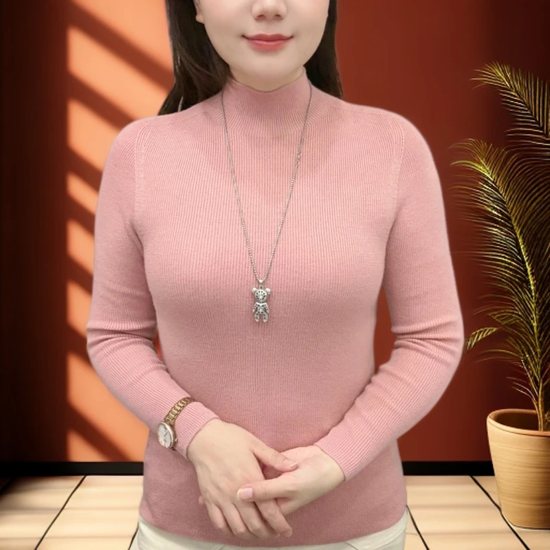 100%精纺羊毛可机洗半高领气质修身弹力打底衫女