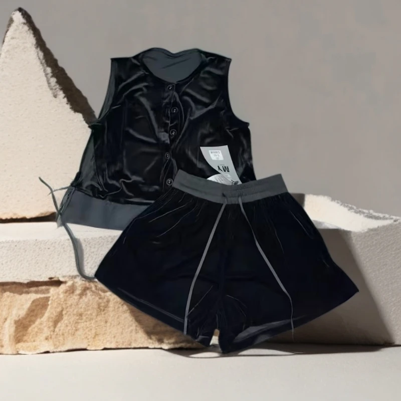 新中式两侧飘带网纱拼接宽松时尚气质马甲上衣松紧腰短款套装