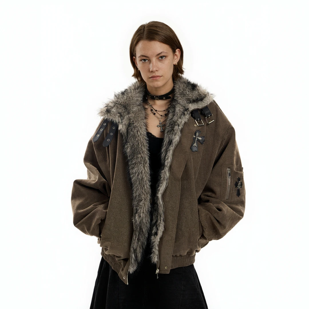 冬季复古座山雕毛领加厚棉服男潮牌情侣保暖百搭棉衣外套休闲保暖