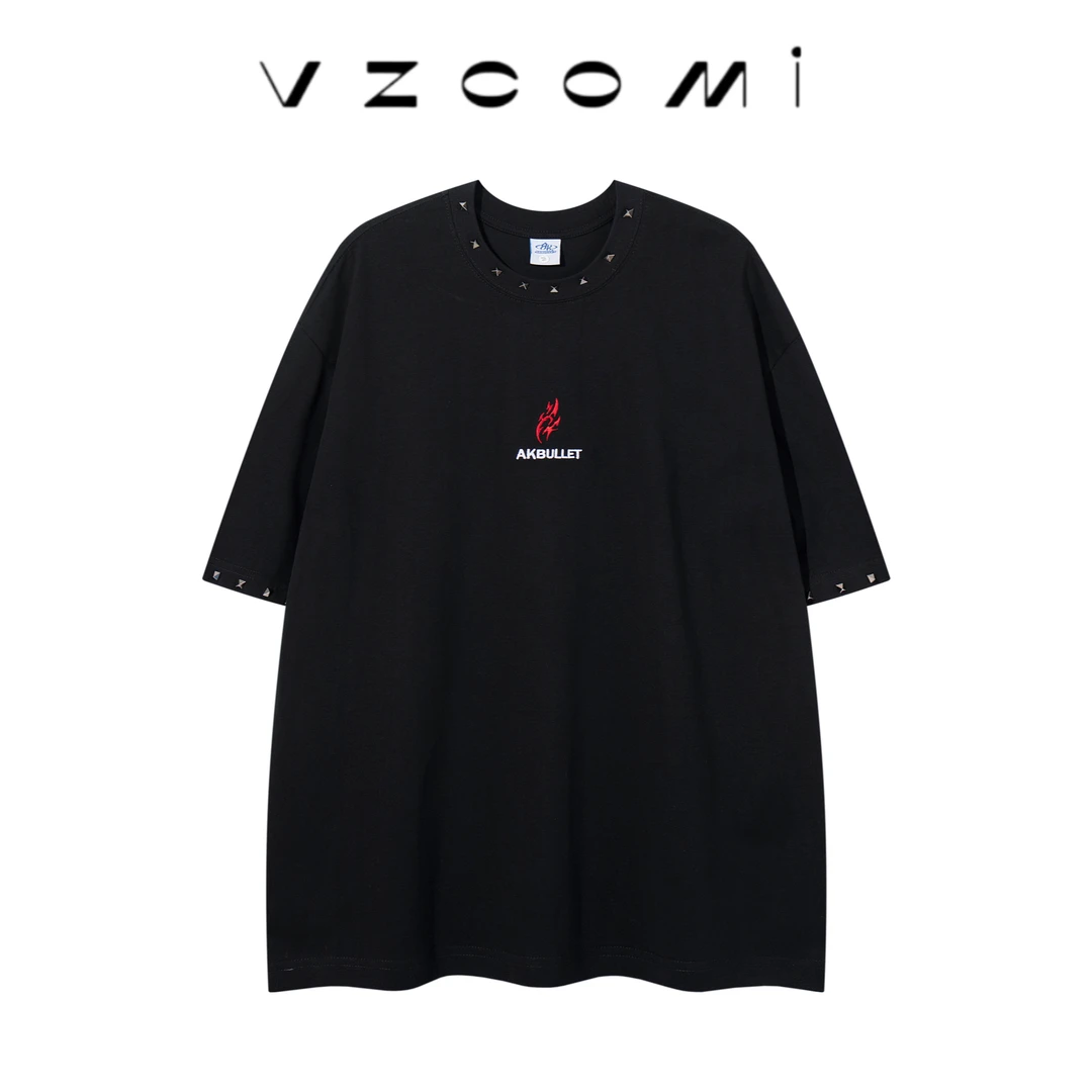 重磅纯棉美式复古潮牌铆钉刺绣短袖T恤男款夏季新款宽松百搭上衣