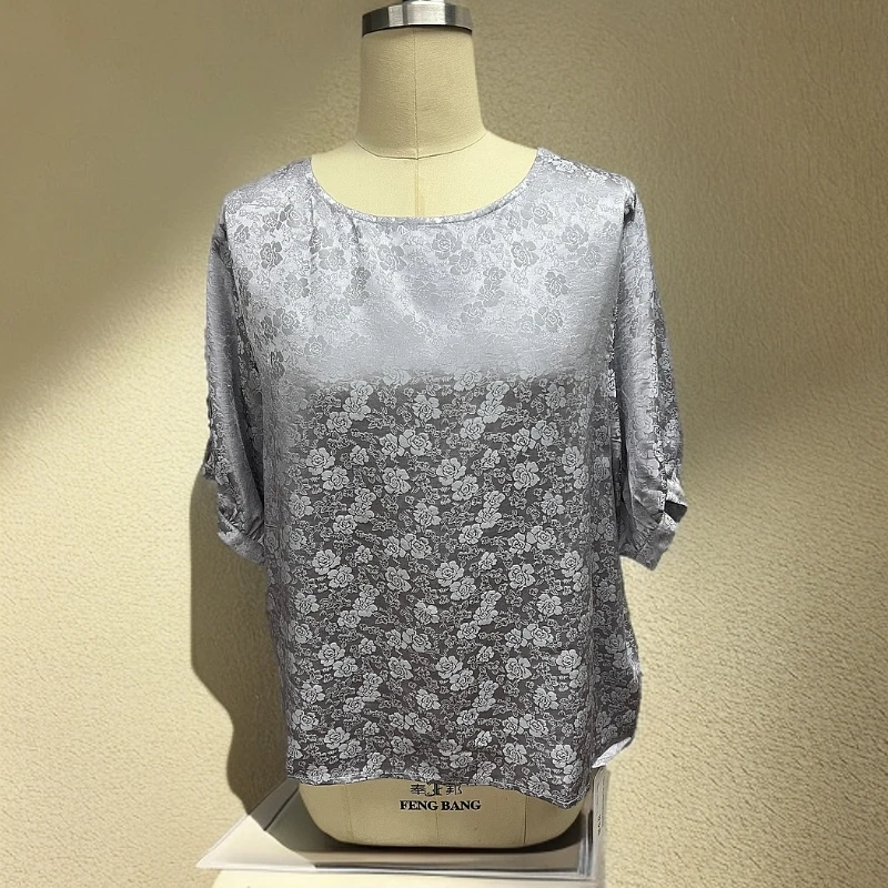 【026-4】紫色重磅桑蚕丝提花小玫瑰简约百搭宽松休闲上衣5002-H27