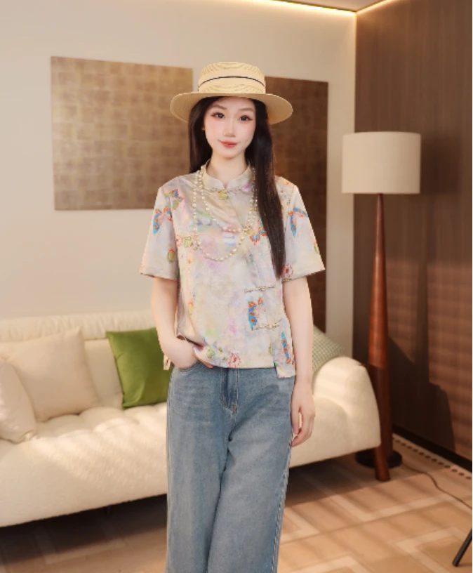 【梦蝶】2025新款中国风新中式夏季短袖粉色轻薄上衣MCGSY0550