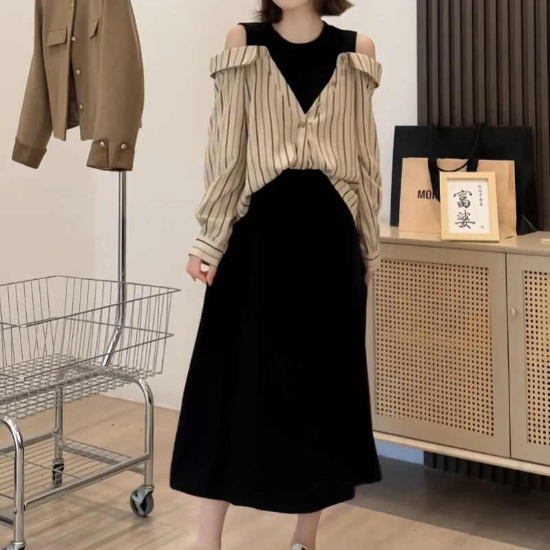 假两件长袖连衣裙女秋季设计感露肩条纹衬衫拼接小众时尚感长裙子