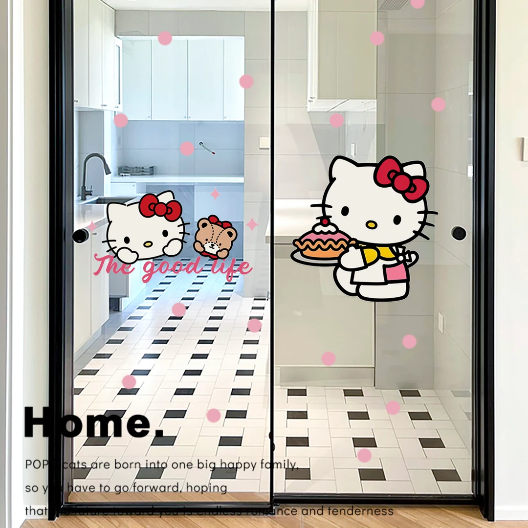厨房推拉门玻璃贴纸2025新款装饰遮丑贴画Kitty浴室门防水美化贴