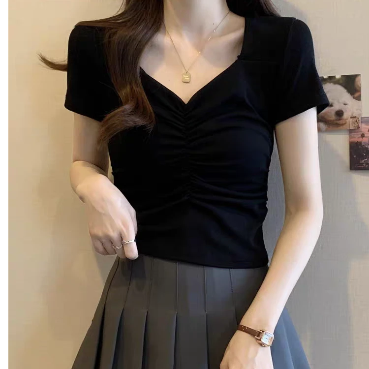 大码黑色方领正肩短袖t恤女2025新款微胖mm修身小衫纯欲短款上衣