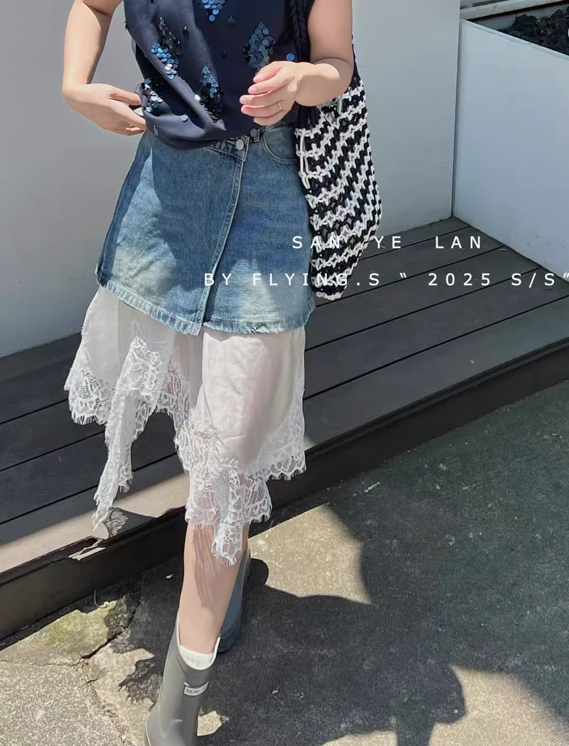 2025夏季新款不规则打底蕾丝裙子女百搭高腰复古牛仔半身裙两件套