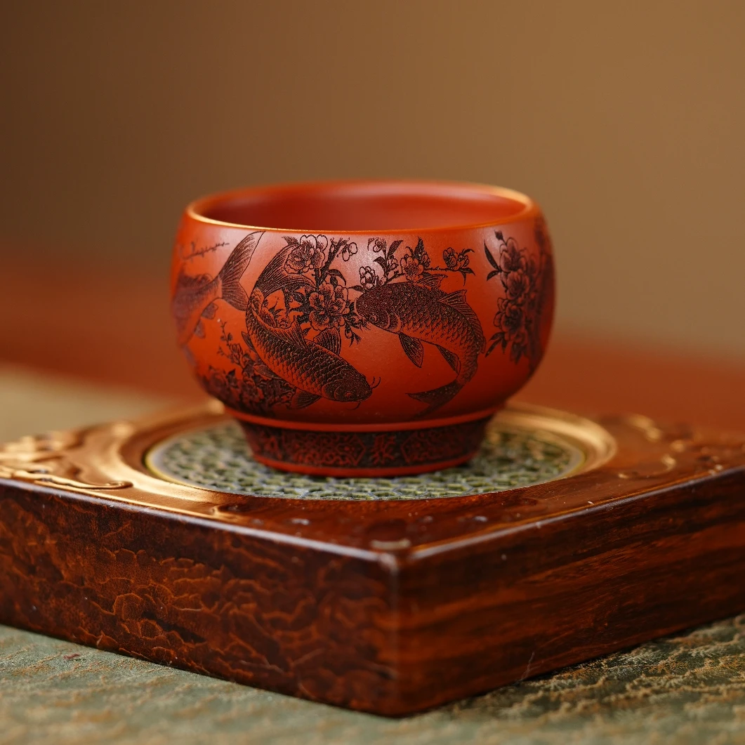 【朱泥富贵鱼】宜兴原矿紫砂朱泥双层杯刻锦鲤金鱼家用紫砂主人杯