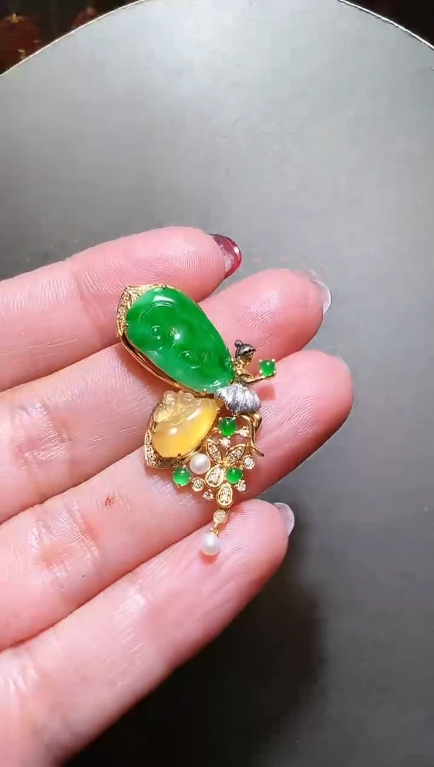 【闪购商品】翡翠颈饰18K金镶嵌翡翠花仙子胸吊两用