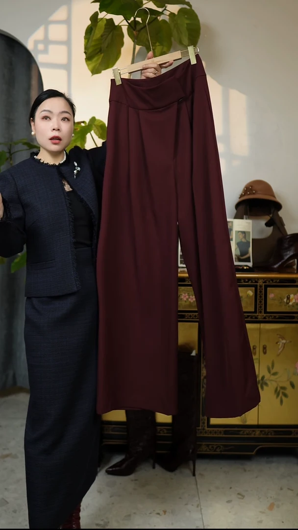 L码（78腰围）高定设计感腰风阔腿裤，酒红【桑蚕丝羊毛聚酯混纺面料】