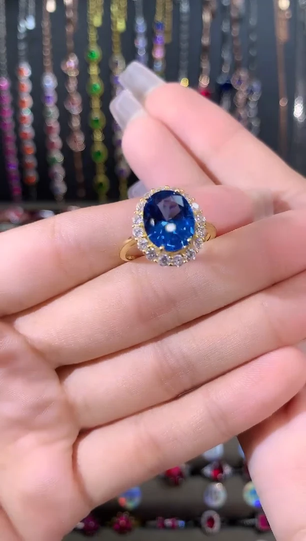 戒指蓝宝石银S925镶嵌911金色