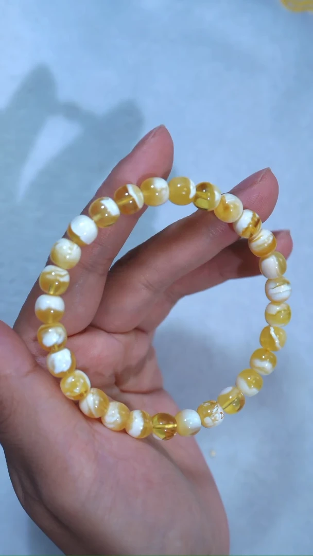 未镶嵌蜜蜡手链典藏级7.5mm金漆白溶洞透金