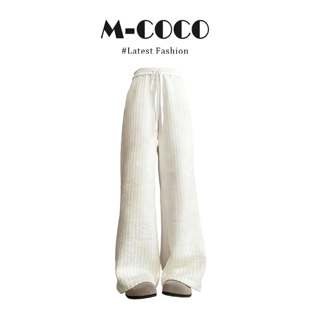 MARIE.COCO绗缝夹棉休闲裤女2025秋冬季宽松直筒松紧腰阔腿棉裤子