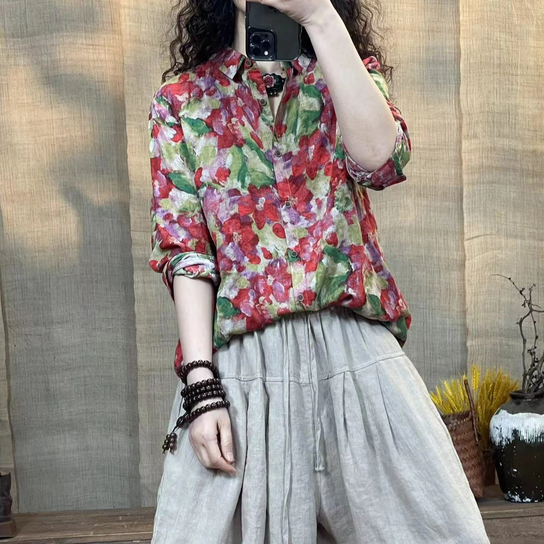 [四月阳光]夏季棉料水洗印花时尚气质休闲衬衫(长60-63胸围120)