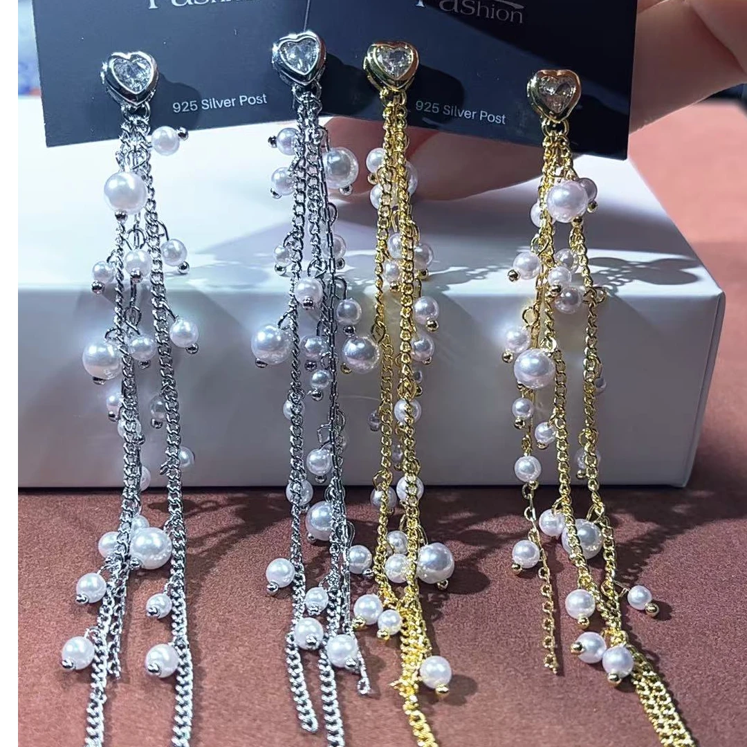 铜合金锆石耳饰 时尚珠珠款流苏耳环四季通勤0245