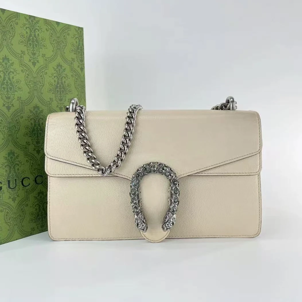 95新 GUCCI/古驰 白色钻扣中号酒神链条包/