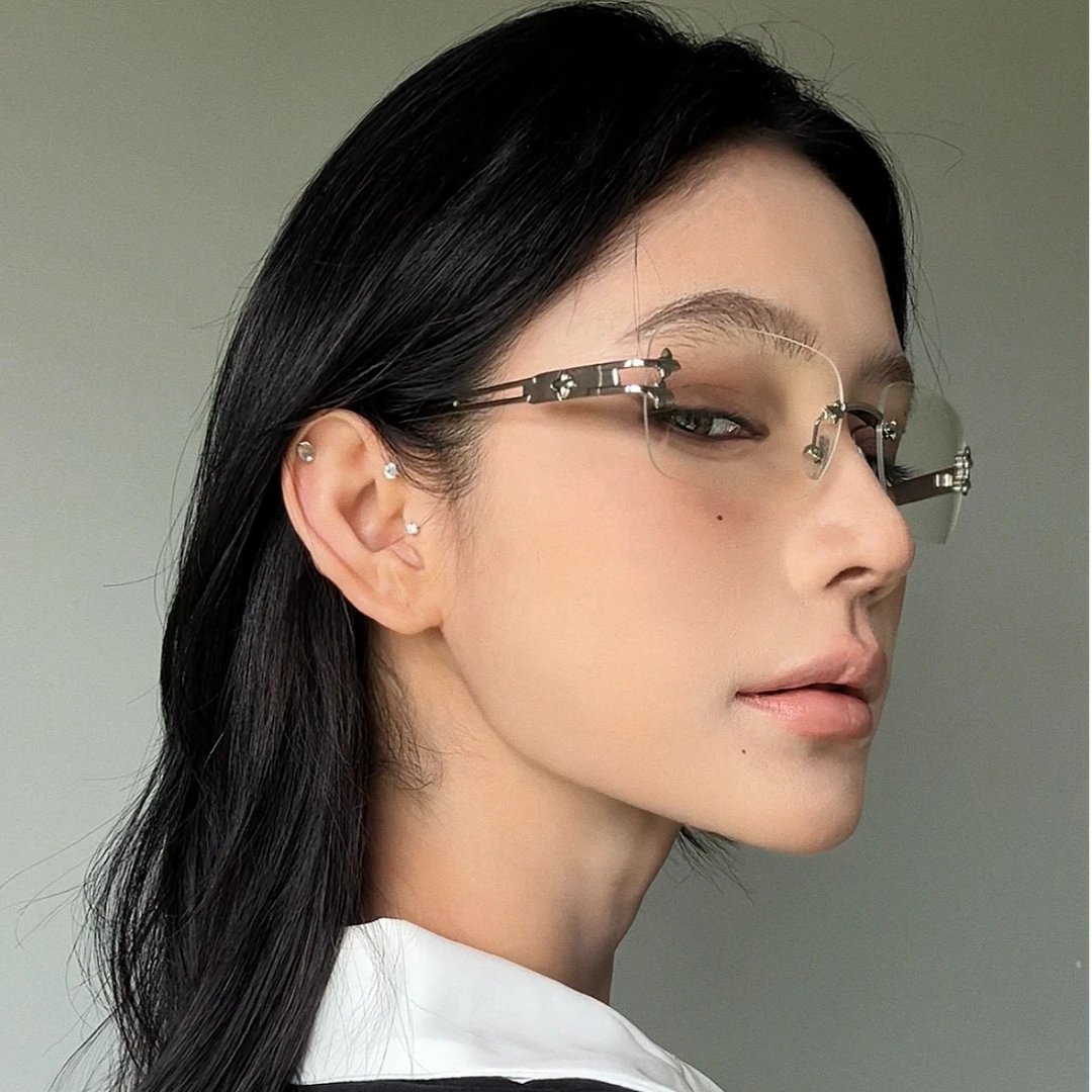 金属无框方形眼镜女2025新款GMY2K辣妹凹造型平光镜可配度数近视