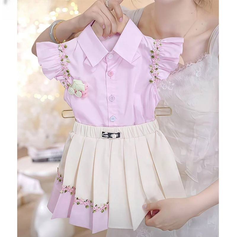 女童小飞袖衬衫半身裙套装2025夏季花边短袖百褶裙学院风短裙短袖