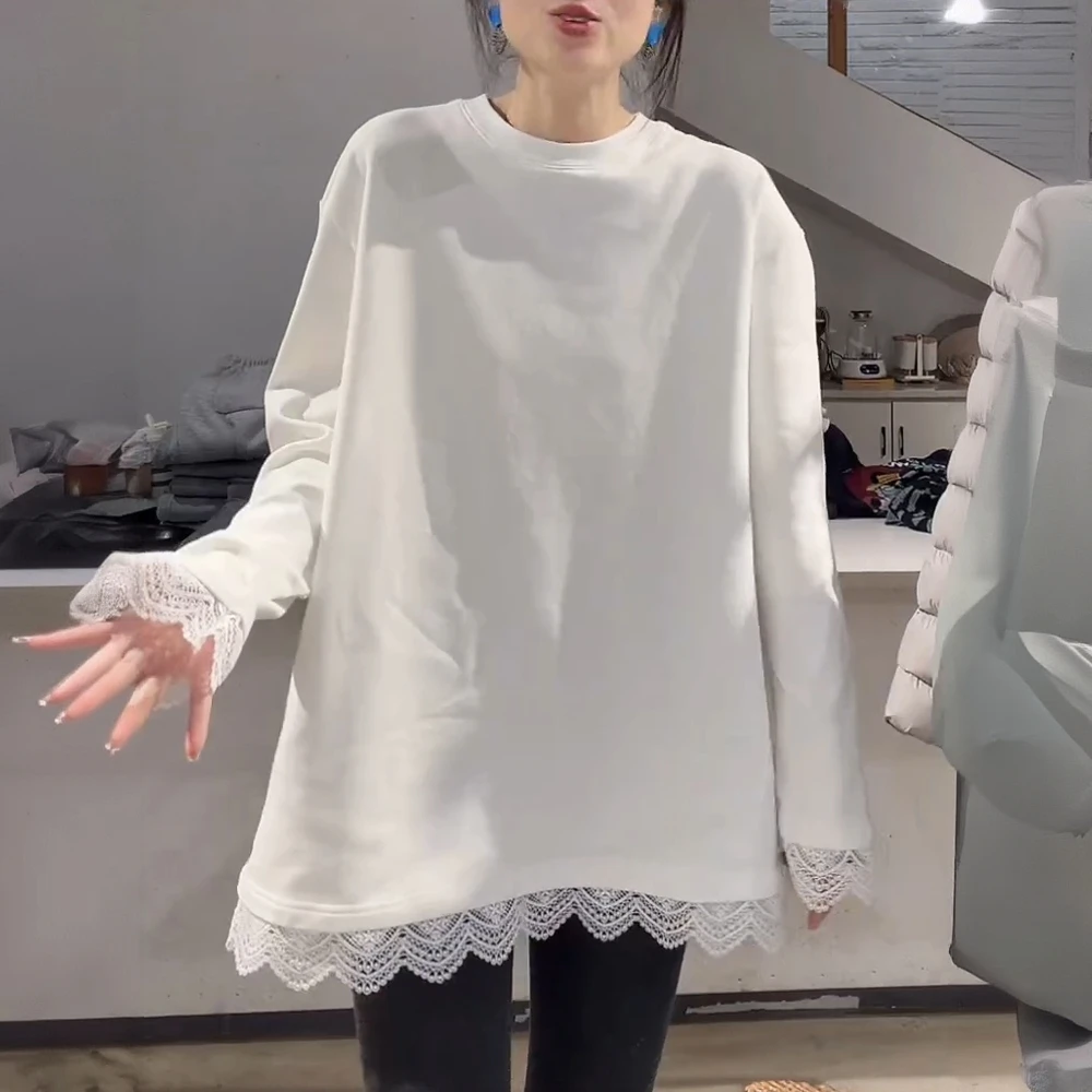 中长款白色加绒蕾丝打底衫女秋冬季2025新款内搭长袖t恤休闲上衣