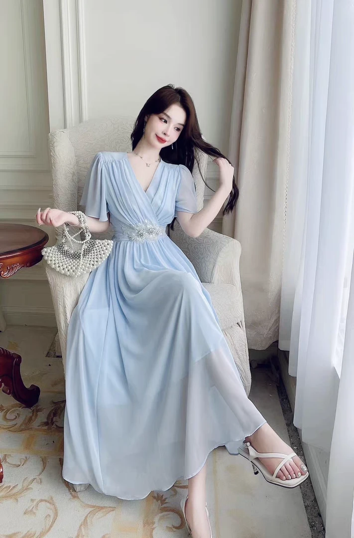 58037#法式气质蓝色小众显瘦连衣裙女超仙度假长裙子