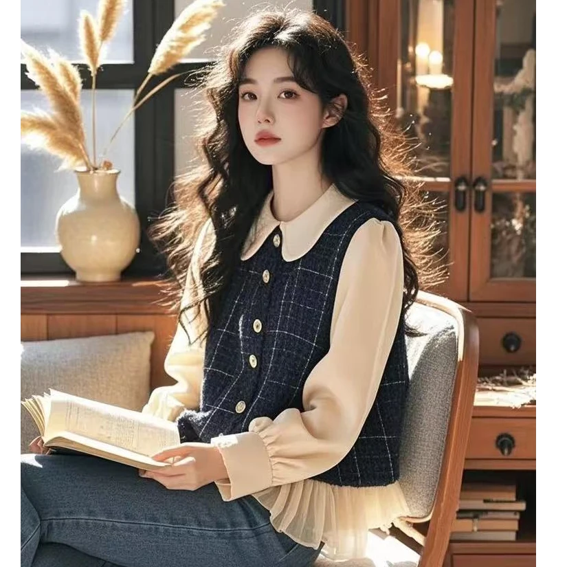 小香风时尚超好看的衬衫女秋冬娃娃领打底衫纯欲上衣小个子假两件