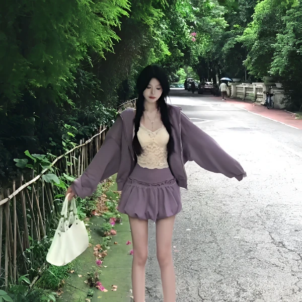 秋季休闲风短裙连衣裙设计感显瘦显高款连帽拉链外套花苞裤两件套