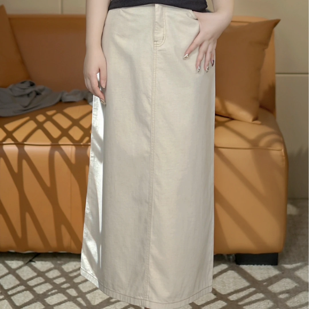 2025春季新款简约亚麻卡其色牛仔半身裙女高腰开叉A字裙BL8249