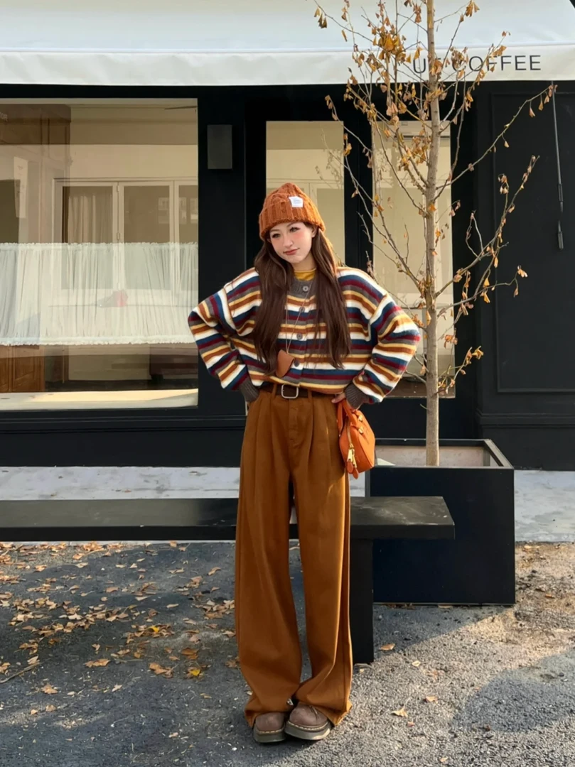 圣诞氛围感撞色圆领彩色条纹针织毛衣女搭配阔腿裤保暖两件套秋冬