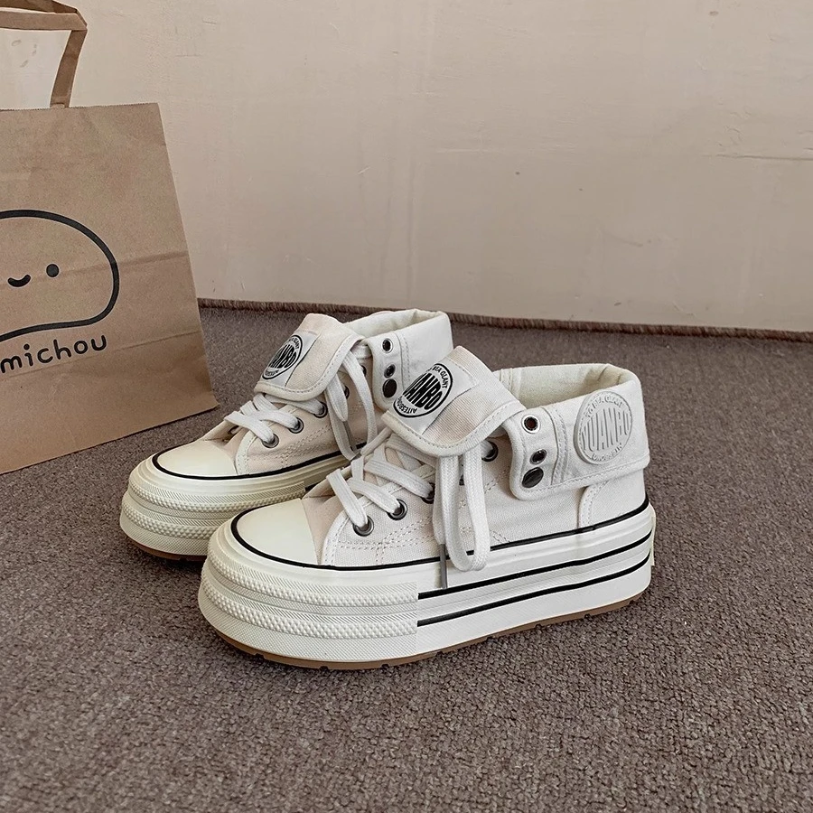 时尚夏季透气高帮帆布鞋女款2025新款厚底休闲板鞋学生百搭小白鞋