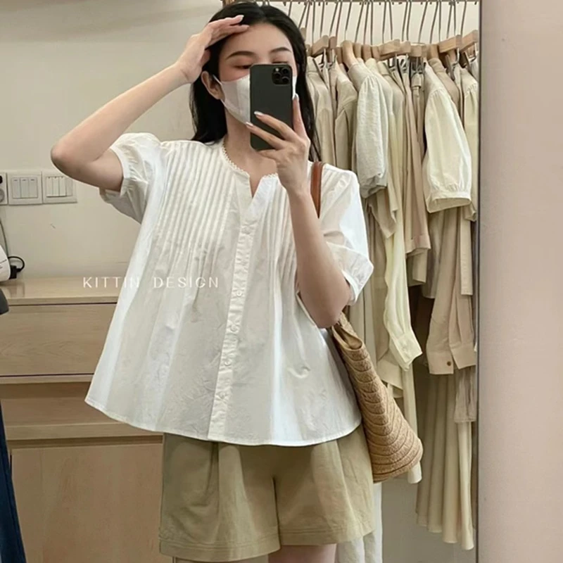 法式温柔蕾丝花边圆领短袖衬衫女夏季独特压褶设计感宽松短款衬衣