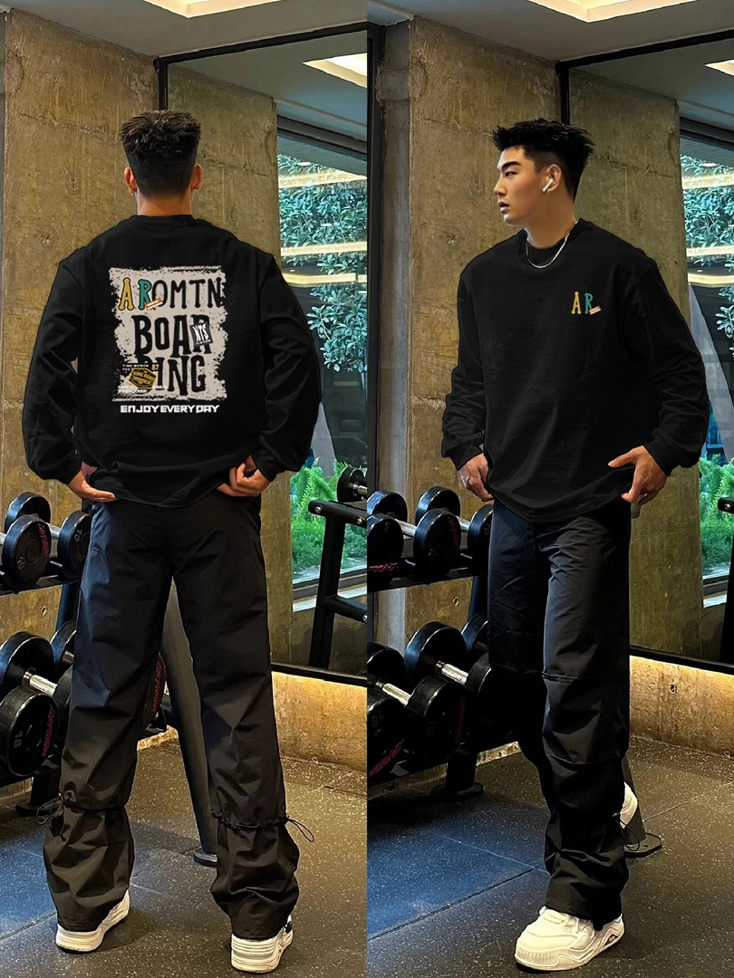 【重磅纯棉】春秋新款休闲宽松潮流圆领运动美式百搭印花男长袖T恤