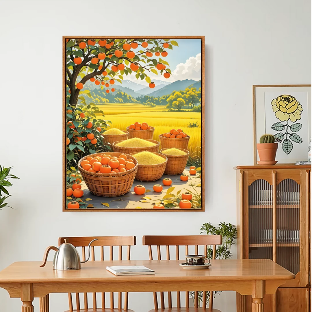 柿柿如意挂画五谷丰登装饰画餐厅好寓意画饭店餐馆金色麦田丰收图